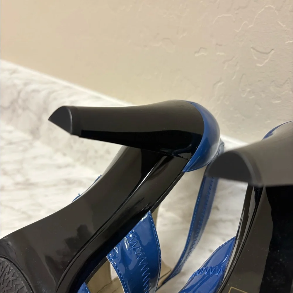 Michael Kors Blue Patent Leather Zip Front Platform Sandals